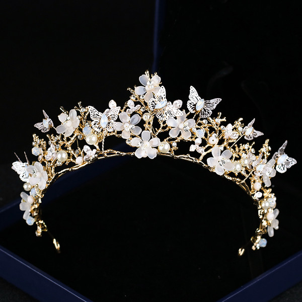 Newest Baroque Crown Hairband Butterfly Flower Tiaras Bride Hair Accessories Crown Flowers Pearl Headdress Headbands