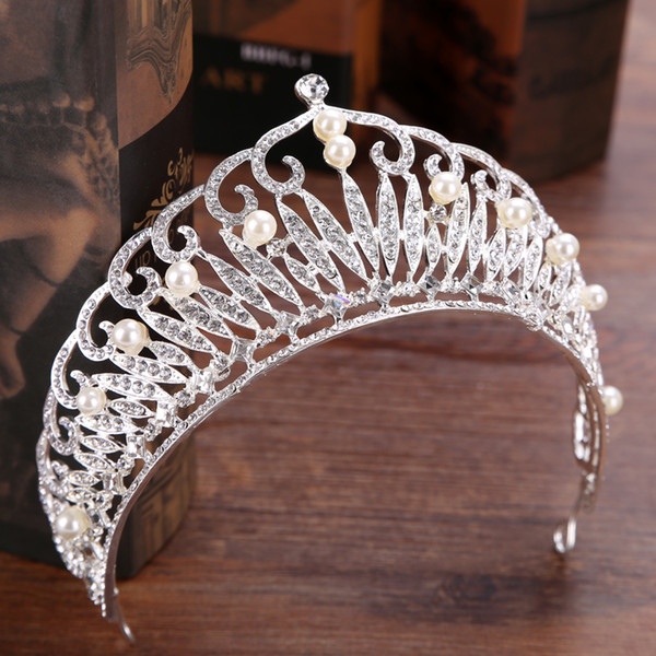 Silver Rhinestone Pearl Bride Tiara Crown Hair Jewelry Queen Crown For Wedding Exquisite Hair Accessories