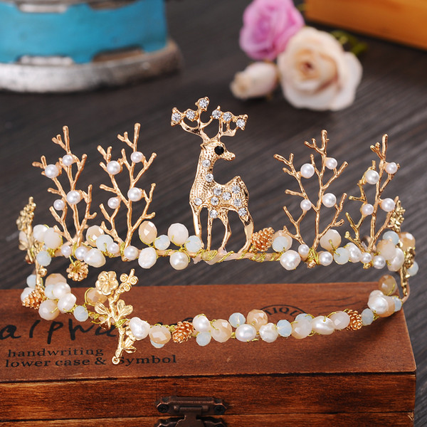 Rose gold Lovely deer Bride Tiaras Crown Colored pearl Alloy Handmade Wedding headdress crystal inlaid hair accessories Jewelry