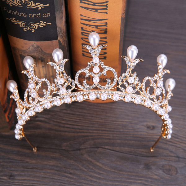 Noble Queen Crown Hairwear Silver Rhinestone Pearl Crowns Tiaras Headband Bride Wedding Hair Jewelry Headdress