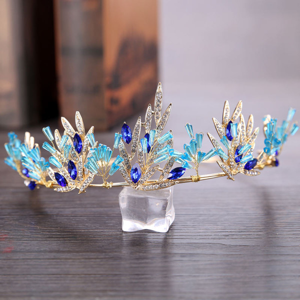 Blue Rhinestone Crown Hair Accessories For Wedding/Engagement Gold Color Leaf Tiara Headdress Crown Bride Hair Jewelry