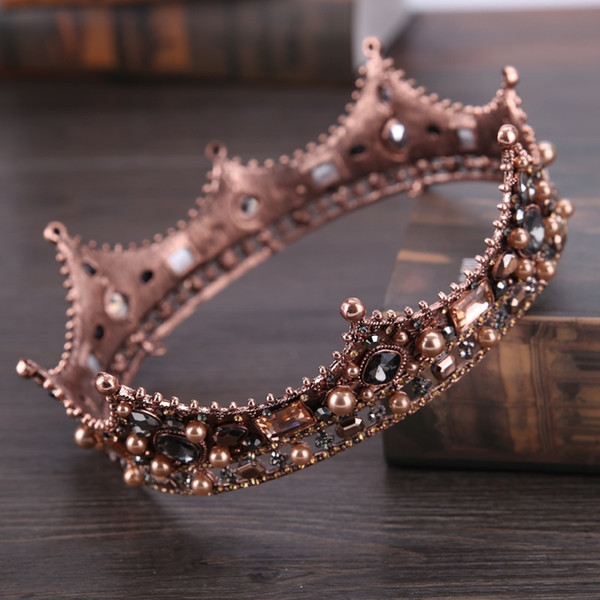 Baroque Vintage Black Rhinestone Beads Round Big Crown Bridal Tiaras