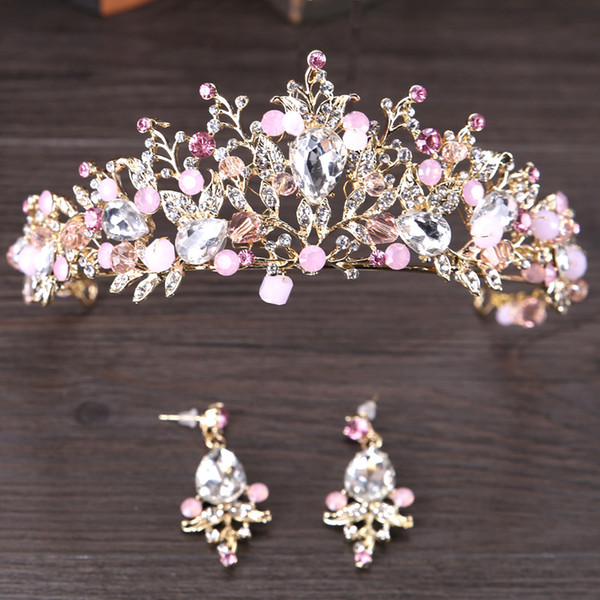 Alloy Handmade Beaded Pink Crystal Tiara Gold Wedding Crown Baroque Rhinestone Headpiece Bride Hair Accessories Earrings Jewelry