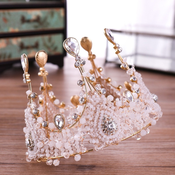 Crystal Queen Diadem Round Big Crown Bride Headdress Luxurious Princess Bride Crystal Wedding Crown Diadem Gold Tiaras