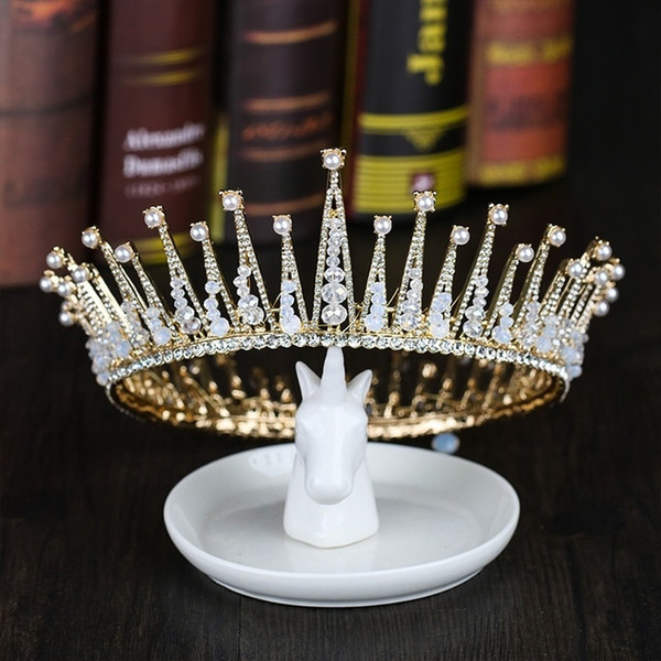 Vintage Gold Tiaras Pearl Rhinestone Hair Jewelry Handmade Big Round Crown Women Bridal Wedding Hair Accessories