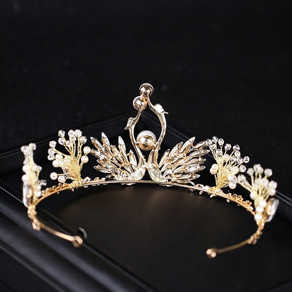 Trendy Pearl Swan Wedding Hair Accessories Gold Crystal Tiara Crown Wing Bridal Women Princess Diadem Rhinestone Hair Jewelry