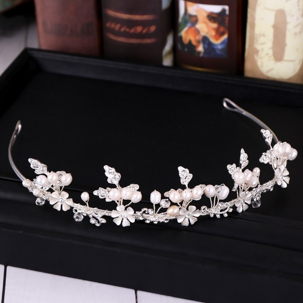 Handmade Silver Tiara Hair Jewelry Flower Pearl Queen Crowns Crystal Headbands Wedding Bridal Hair Accessories for Women