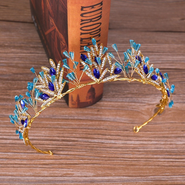 Blue Crystal Gold Color Women Hair Jewelry for Bridal Handmade Wedding Tiaras and Crowns Princess Queen Diadem Hair Ornaments