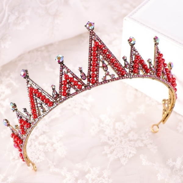 New Women Wedding Hair Accessories for Bride Red Blue Beads Rhinestone Tiara and Crowns Triangle Diadem Jewelry