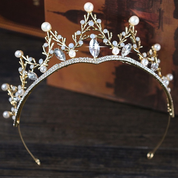 Vintage Gold Crystal Bride Tiara Crown Pearl Queen Hair Jewelry Women Wedding Crown Headpiece Wedding Hair Accessories