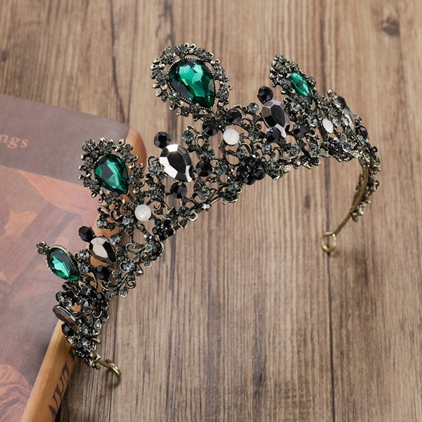 Vintage Baroque Crowns Black Green Crystal Hair Jewelry Queen Princess Tiara Bridal Diadem Wedding Hair Accessories