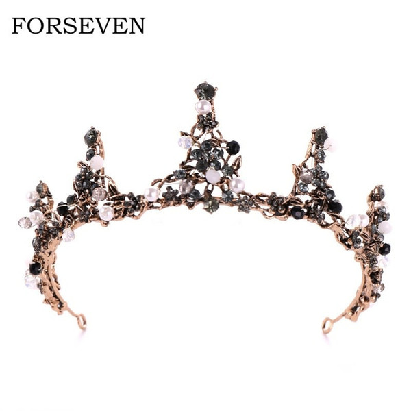 Baroque Bronze Black Crystal Beads Bridal Tiaras Rhinestone Diadem Pageant Crown for Brides Headbands Wedding Hair Accessories