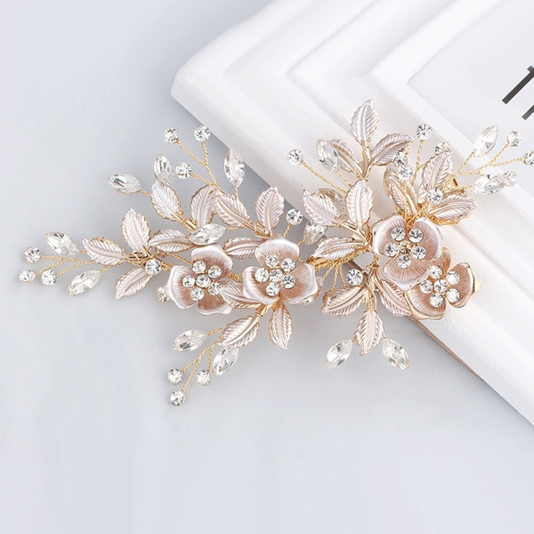 Elegant Handmade Golden Crystals Rhinestones Flower Leaf Wedding Hair Clip Barrettes Bridal Headpiece Hair Accessories