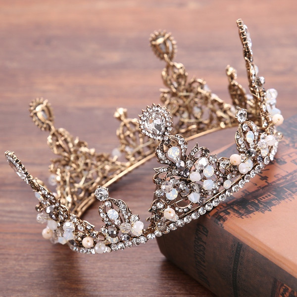 Vintage Bronze Color Round Crystal Queen Crown Tiara Bridal Head Jewelry Headpiece Handmade Wedding Hair Jewelry Accessories