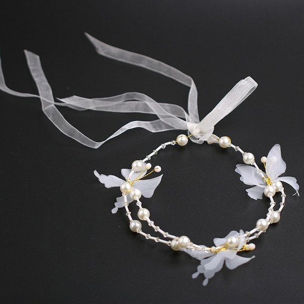 Charm Butterfly Headbands Pearl Wreath Long Bridal Hairbands Headdress Wedding Hair Accessories Bride Tiara Headpiece