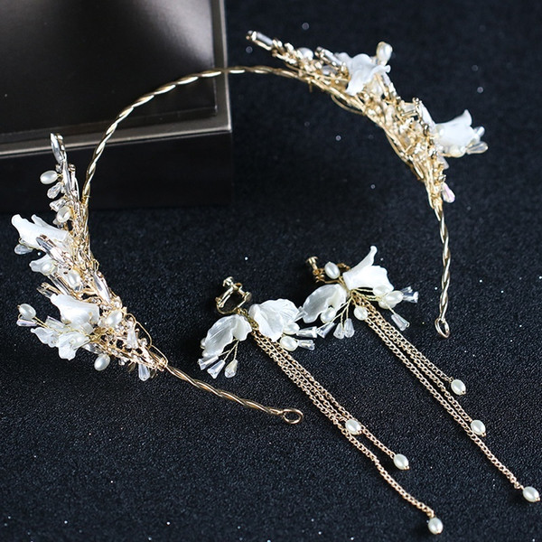 Trendy Gold Tassel Earrings Headband Sets Pearl Rhinestone Hairbands Handmade Hair Jewelry Bride Women Wedding Hair Accessories