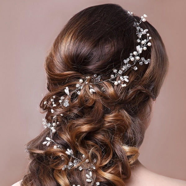 Trendy 50cm Handmade Pearl Crystal Bridal Hairbands Headpiece Headband Wedding Hair Accessories Bride Jewelry