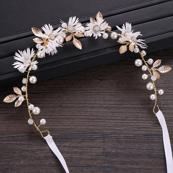 Flower Pearl Headband for Bridal Gold Leaf Pearl Hairband Wedding Hair Accessories Floral Wedding Headbands Bride Tiaras