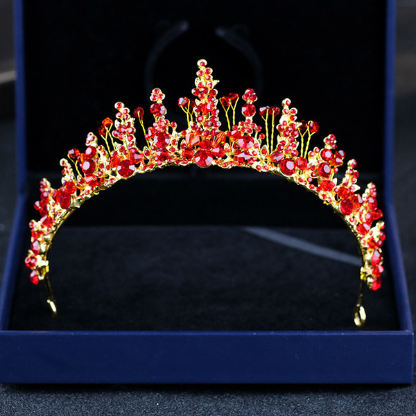 Luxury Red Crystal Princess Crown Pageant Hairband Golden Diadem Tiaras For Women Bride Wedding Hair Accessories