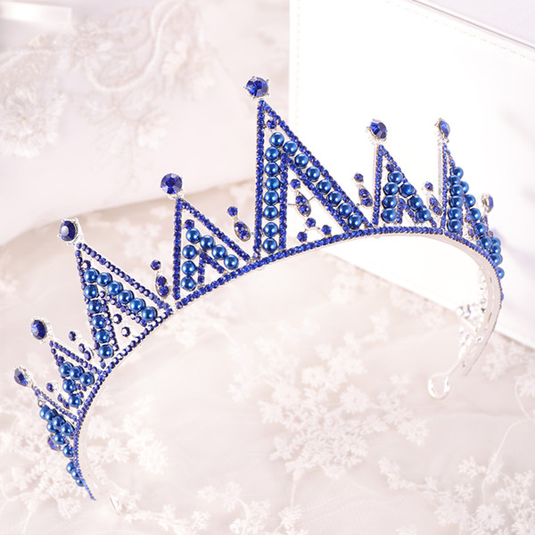 Blue Crystal and Pearl Tiaras Wedding Crown For Bride Headpieces Rhinestone Queen Diadem Bride Tiaras Crown Headband Princess