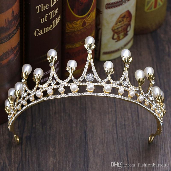 Water Drops Imitate Pearl Crown Bride Romantic Wedding Hair Jewelry Fashion Alloy Gilded Rhine Stone Jewelry Factory Wholesale