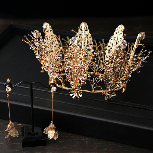 vintage bride crown headdress gold leaf earrings set princess wedding dress accessory Hair Accessories Jewelry