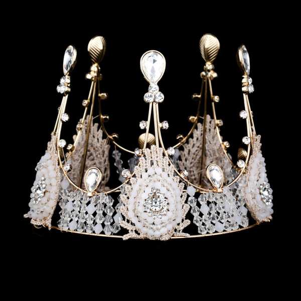 Vintage Crown Tiaras Handmade Crystal Bride Headwear Geometric Gold Plated Metal Rhinestone Accessories Fashion Wedding Jewelry Wholesale