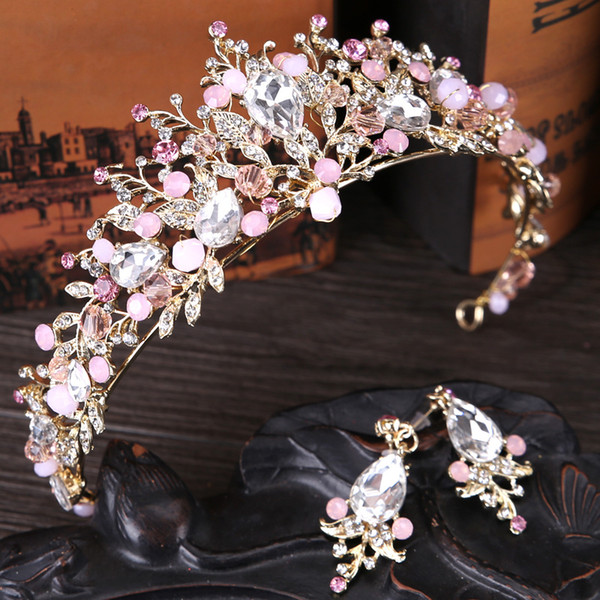 New arrival 1 set Headdress Pink Crystal Crown Bride Princess Wedding Accessories Hair Accessories with Earrings wholesale