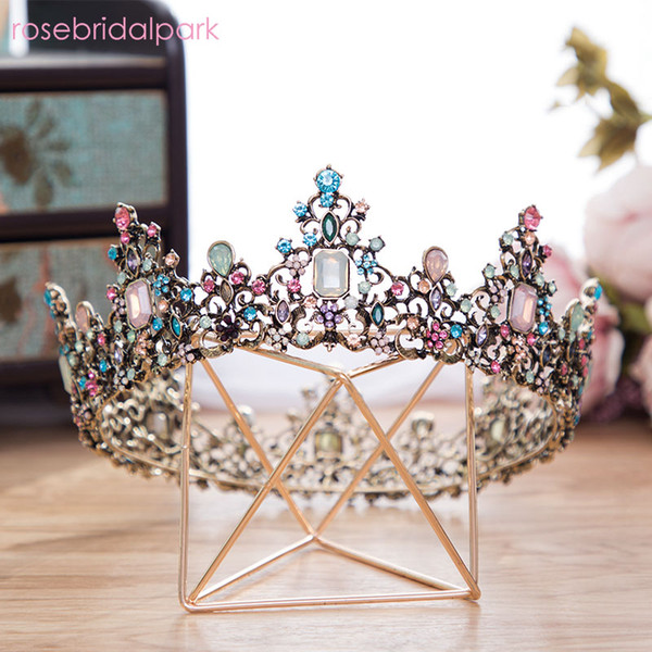 wholesale Vintage Baroque Queen Bride Blue Pink Crystal Round Tiara Girl Prom Bridal Wedding Tiaras and Crowns Hair Jewelry