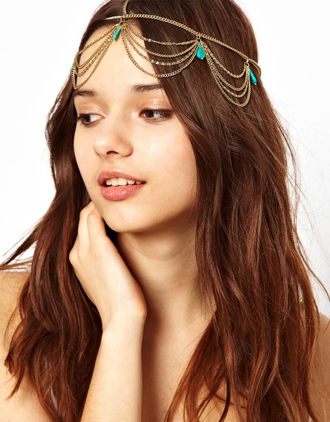 Bohemia gold chain Hair Jewelry Turquoise Adjustable Tassel Headband Tiaras for Women Hair Accessories New Arrival Bulk Price