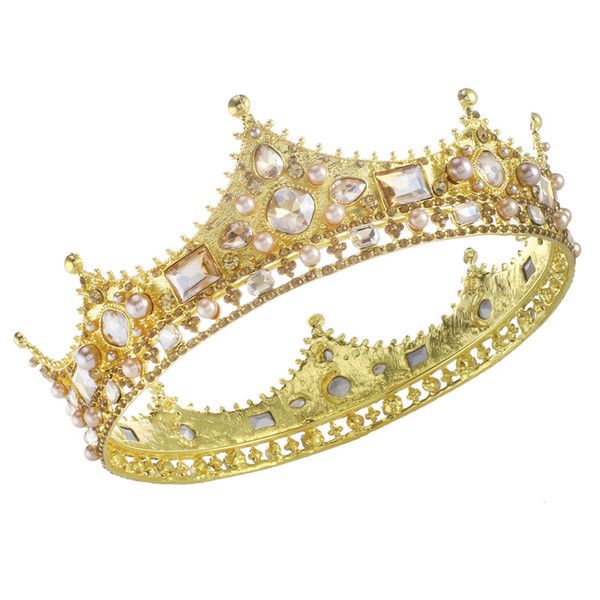 Baroque Gold Plated Pearls Crystal Diadem Crown Prom King Rhinestone Tiara Hot