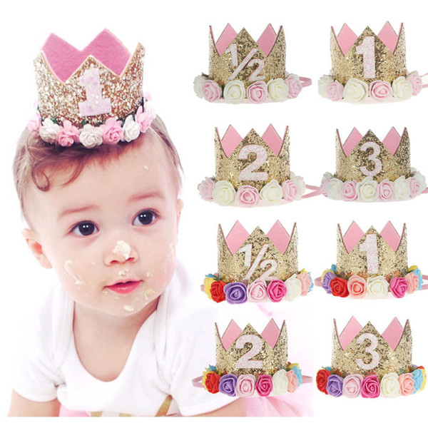 Baby Girl First Birthday Decor Flower Party Cap Crown Headband 1 2 3 Year Number Priness Style Birthday Hat Baby Hair Accessory