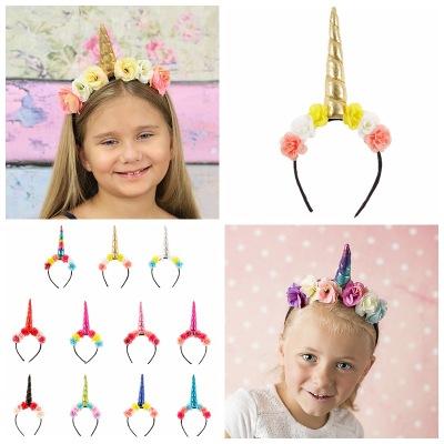 2018 Glitter Metallic Unicorn Headband Girls Chiffon Flowers Hairband For Kids leaf flower Unicorn Horn Party Hair Accessories