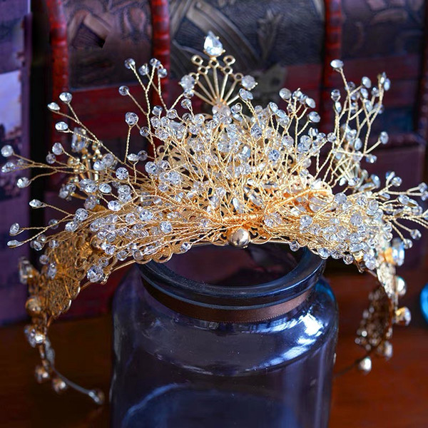 European Gold Brides Tiaras Crowns Handmade Oversize Brides Headpieces Wedding Headbands Accessory Evening Hair Jewelry