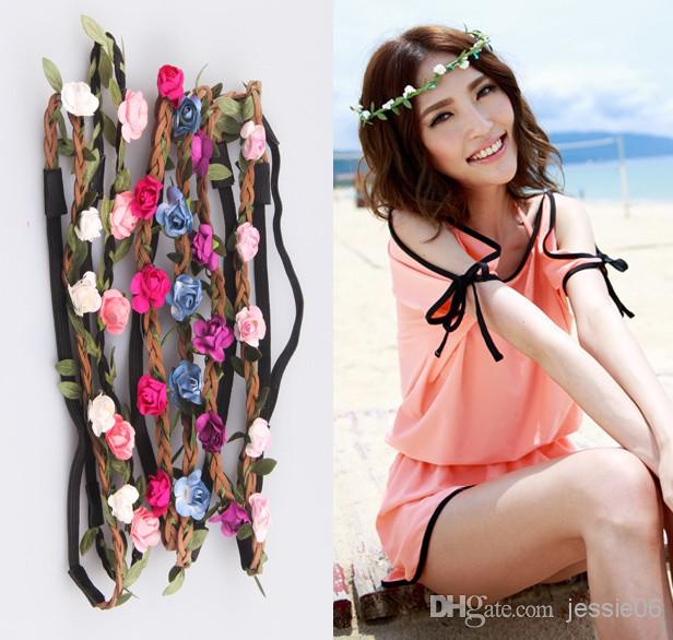 Women Handmade Rose Floral Leaves Hair Band Flower Headband Crown Hippy Boho bridesmaid Tiaras Leather Headbands beach charm hair jewelry