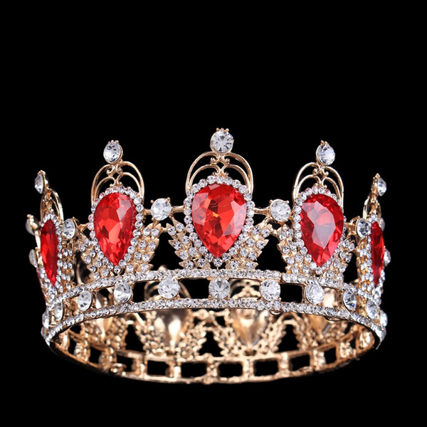 Large Round Full Crown Emerald Red Zircon Crystal Pageant Beauty Contest Crowns Wedding Bridal Tiara Alloy Gold Silver Plated Hair Jewelry