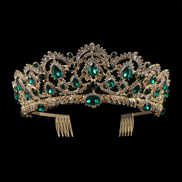 Crystal Tiaras Vintage Gold Rhinestone Pageant Crowns With Comb Baroque Wedding Hair Accessories european Drop Green Red