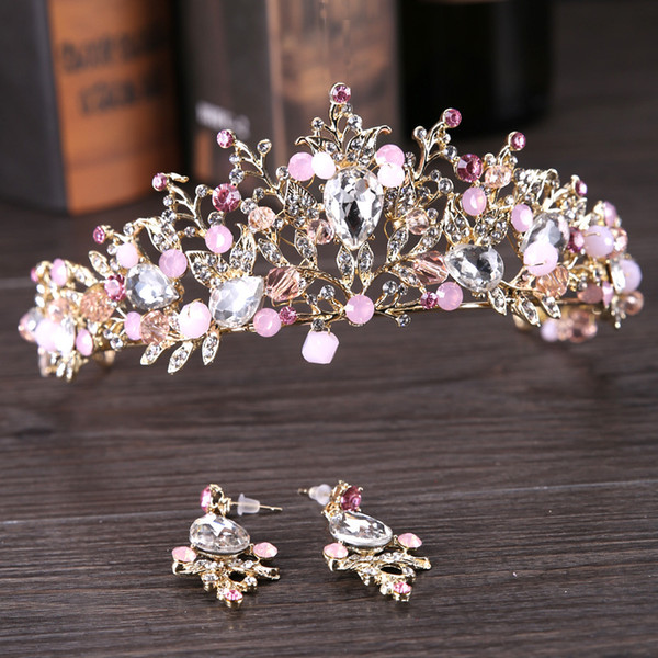 Luxury Pink Gold Pearl Bridal Crowns Handmade Tiara Bride Headband Crystal Wedding Diadem Queen Crown Wedding Hair Accessories