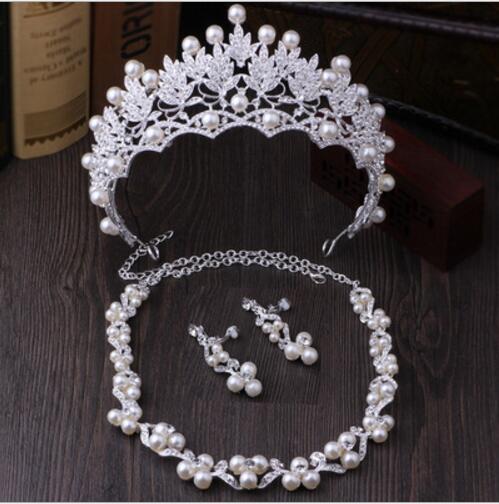 Fashion Silver Tiara Crowns Necklace Earrings Sets Crystal Simulated Pearl Bridal Jewelry Sets For Women Wedding Accessories Rated 5.0 /5 ba