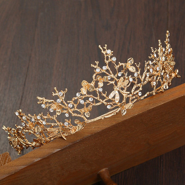 Europe and the United States new luxury gold crown headdress leaves handmade bride wedding crown hairpin headband