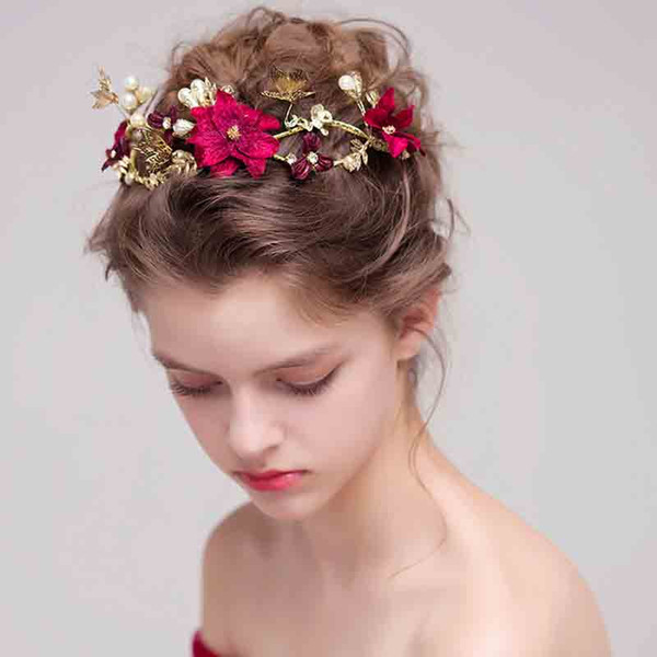 accessories Bridal Headpieces Headband Red Color Simulated Pearl Flower Princess Vine Headdress Pearls Wedding Hair Accessories