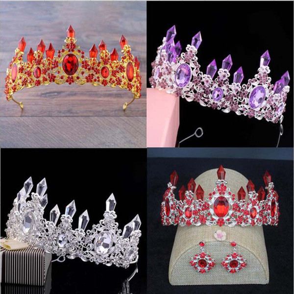 1Set Luxury Baroque Simulated Red Purple Wedding Jewelry Set Silver Color Crystal Bride Crown Tiara Earring Sets Jewelry