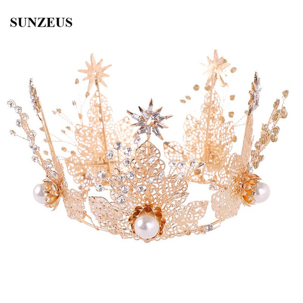 2019 Gold Leaves Round Queen Crown With Pearls Crystals Baroque Bridal Tiaras Metal Women Hairwear SQ348