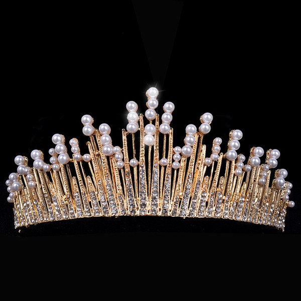 Trendy Silver Pearl Tiara Round Wedding Big Crowns For Bride Hair Accessories Crystal inlaid Queen Crown Wedding Hair Jewelry