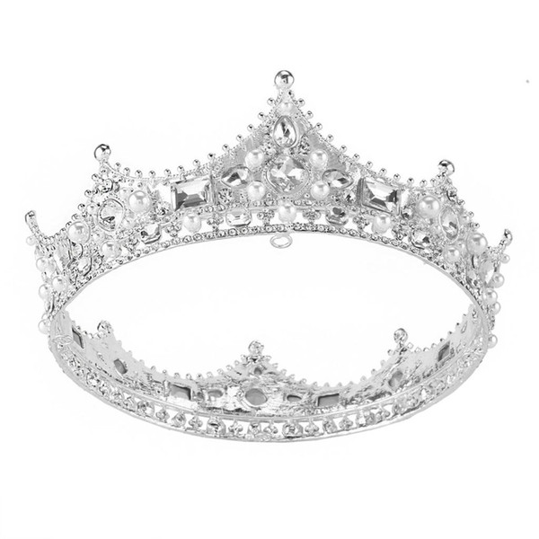 2018 Silver Plated Pearls Crystal Diadem Crown Prom King Rhinestone Tiara Hot