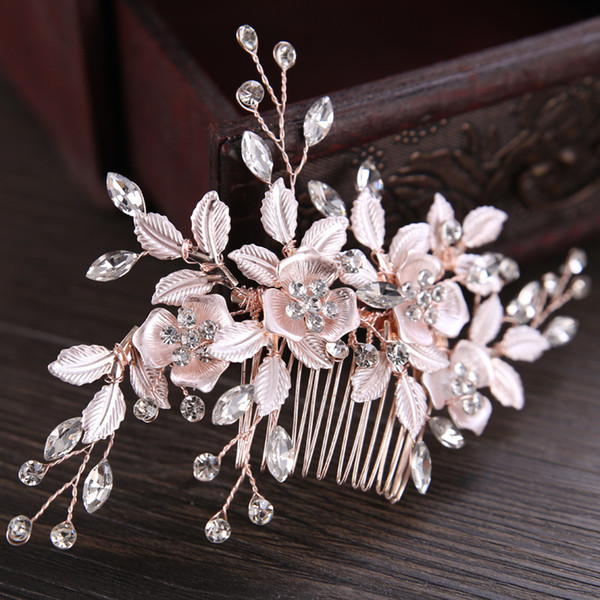 ashion Jewelry Hair Jewelry KMVEXO 2018 New Gorgeous Handmade Rose Gold Crystal Rhinestones Flower Leaf Wedding Hair Combs Clip Barrettes...