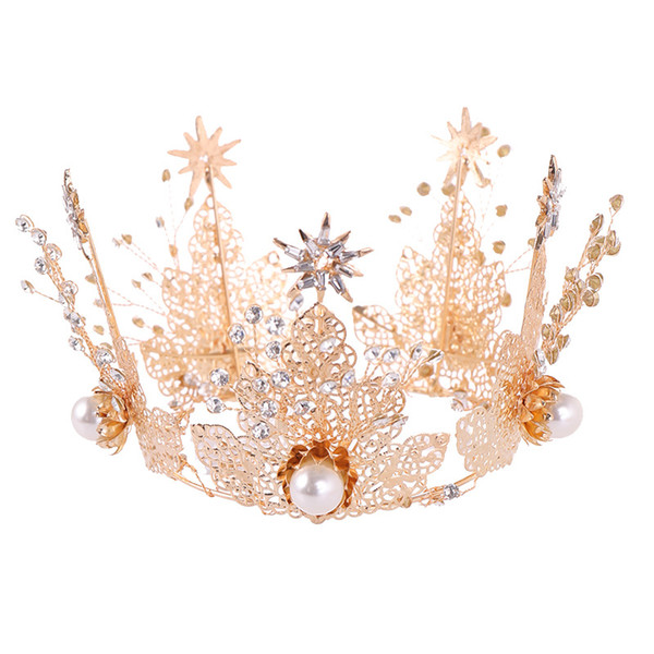 2019 Luxury Golden Alloy Leaves Rhinestone Baroque Tiaras Pearl Hairband Bride Hair Jewelry Crown Women Hair Accessories