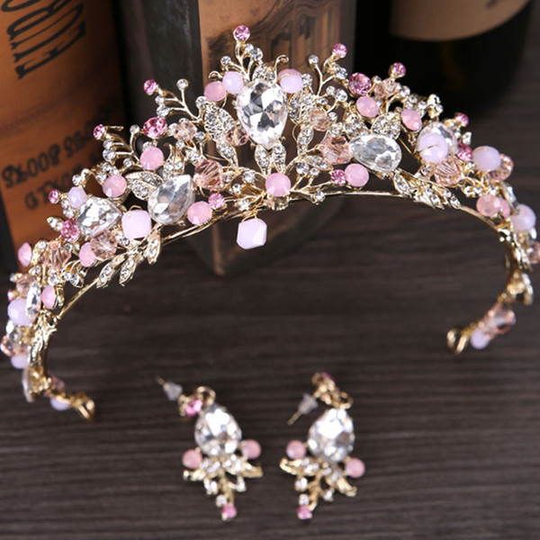 New baroque rhinestone queen wedding crown tiaras pink bridal crystal tiara and earring hair jewelry accessories