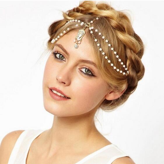 Fashion Wedding Bridal Hair Accessories for Women Metal Beaded Pearl Head Chain Indian Hair Jewelry Women Bridal Crown Ornaments