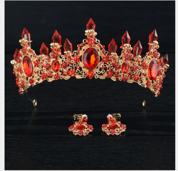 Retro Red bride wedding crown birthday decorations celebration headwear handmade crystal headwear set